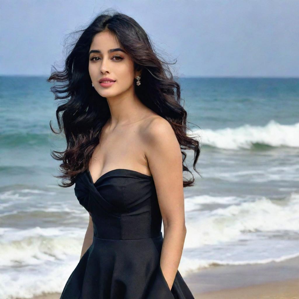 Janhvi Kapoor, an Indian actress, strolling on a beautiful beach in a fashionable black dress, her hair caressed by the sea breeze, set against a backdrop of gentle waves.