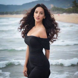 Nora Fatehi, a renowned Indian actress, poised elegantly on a serene beach, dressed in an exquisite black dress, her hair swaying in the sea breeze and the calming waves in the backdrop.