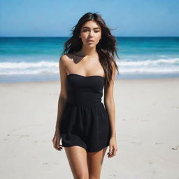 American singer Madison Beer standing on a sun-drenched beach in a stylish black dress, the azure ocean creating a striking contrast in the background.