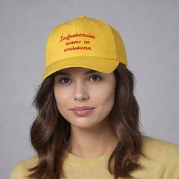 A mock up of a vibrant yellow cap inscribed with the Spanish phrase 'La diferencia entre el amor y la comida es que la comida nunca te decepcionará'