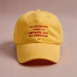 A mock up of a vibrant yellow cap inscribed with the Spanish phrase 'La diferencia entre el amor y la comida es que la comida nunca te decepcionará'