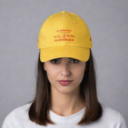 A mock up of a vibrant yellow cap inscribed with the Spanish phrase 'La diferencia entre el amor y la comida es que la comida nunca te decepcionará'