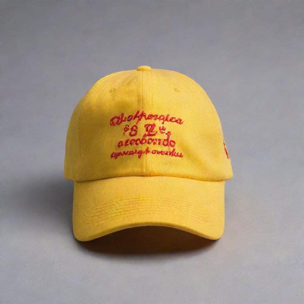 A mock up of a vibrant yellow cap inscribed with the Spanish phrase 'La diferencia entre el amor y la comida es que la comida nunca te decepcionará'