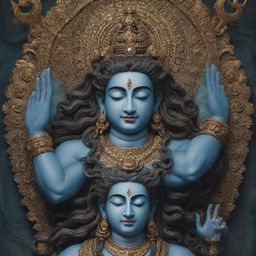 A highly detailed and stunning image of Harihar, the fused representation of Shiva and Vishnu, designed to fit perfectly as a phone wallpaper.