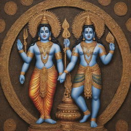 A majestic and artistically intricate depiction of Hindu Gods Shiva and Vishnu, suitable for a wallpaper design