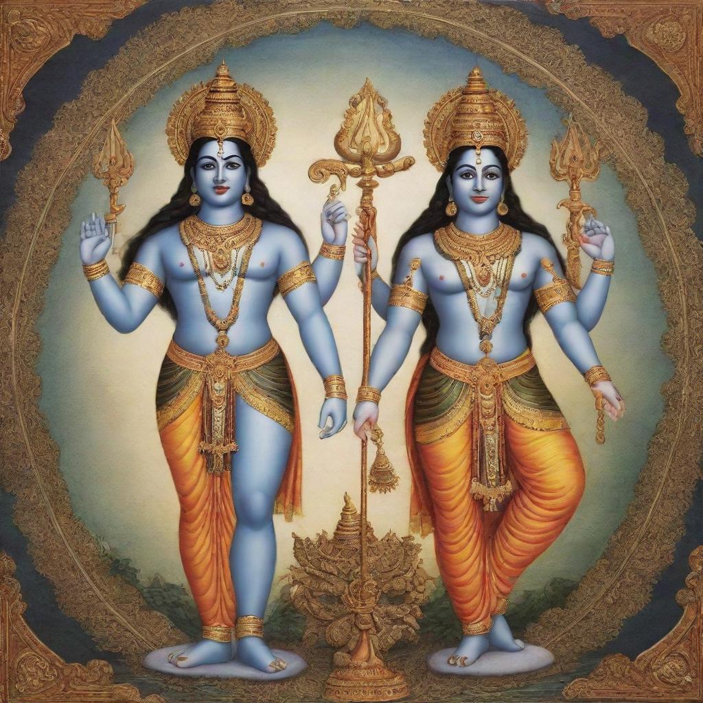 A majestic and artistically intricate depiction of Hindu Gods Shiva and Vishnu, suitable for a wallpaper design