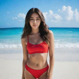 American singer Madison Beer on a tropical beach, dressed in a trendy red two-piece bikini, with the clear blue ocean and sunlit sky in the background.