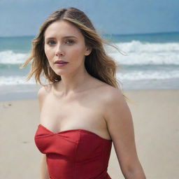 American actress Elizabeth Olsen on a sandy beach, wearing a stylish red two-piece swimsuit, with the backdrop of a sparkling blue sea and a warm, sunny sky.