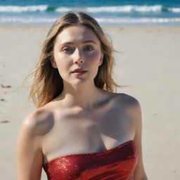 American actress Elizabeth Olsen on a sandy beach, wearing a stylish red two-piece swimsuit, with the backdrop of a sparkling blue sea and a warm, sunny sky.