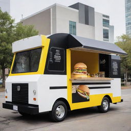 A stylish food truck featuring a black, white, and yellow 3D hamburger as its standout element.