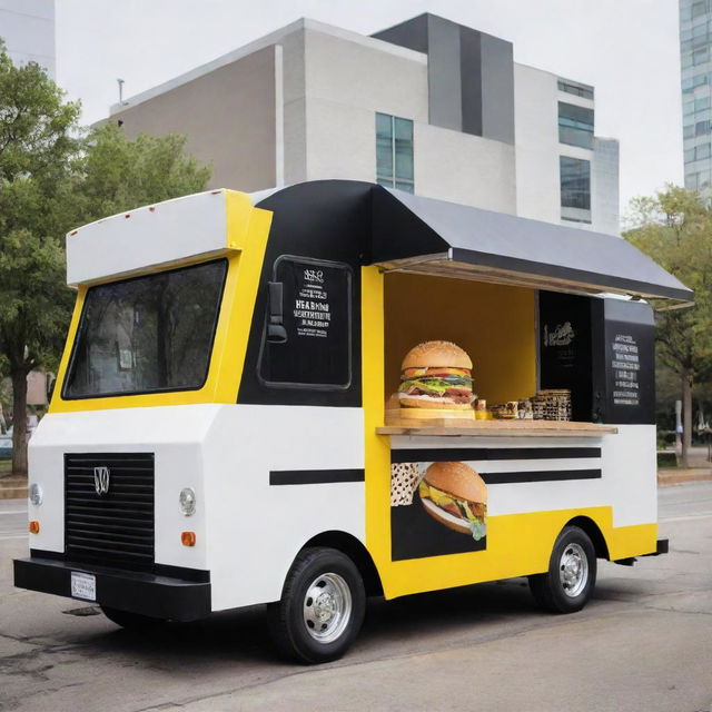 A stylish food truck featuring a black, white, and yellow 3D hamburger as its standout element.