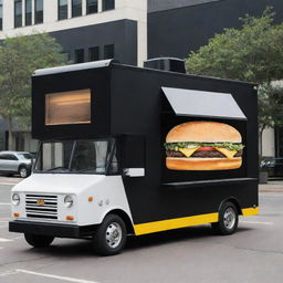 A stylish food truck featuring a black, white, and yellow 3D hamburger as its standout element.