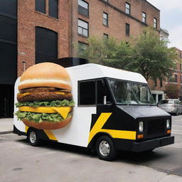 A stylish food truck featuring a black, white, and yellow 3D hamburger as its standout element.