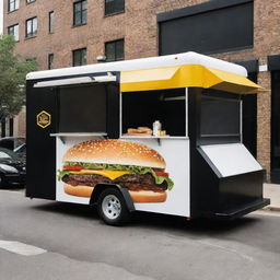 A stylish food truck featuring a black, white, and yellow 3D hamburger as its standout element.