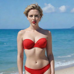 American actress Scarlett Johansson on a scenic beach, adorned in a chic red two-piece swimsuit, with the vast turquoise blue sea and a clear sky as the backdrop.