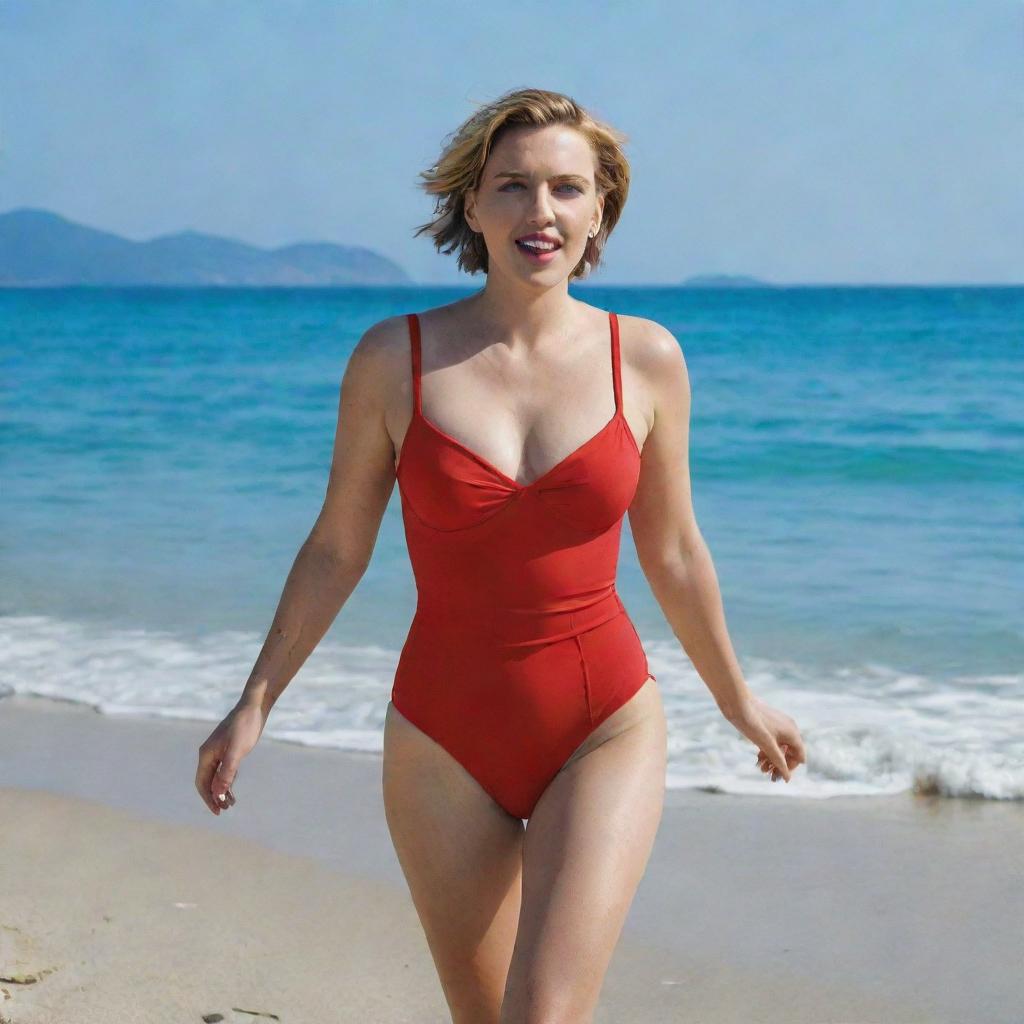 American actress Scarlett Johansson on a scenic beach, adorned in a chic red two-piece swimsuit, with the vast turquoise blue sea and a clear sky as the backdrop.