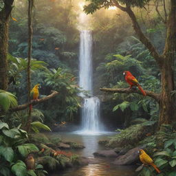 Create a vivid and detailed image of a peaceful rainforest with a waterfall at sunset where colorful birds are singing and monkeys are playing amidst the lush foliage.