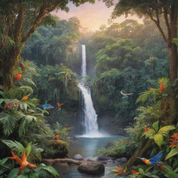 Create a vivid and detailed image of a peaceful rainforest with a waterfall at sunset where colorful birds are singing and monkeys are playing amidst the lush foliage.