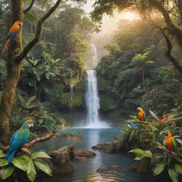 Create a vivid and detailed image of a peaceful rainforest with a waterfall at sunset where colorful birds are singing and monkeys are playing amidst the lush foliage.