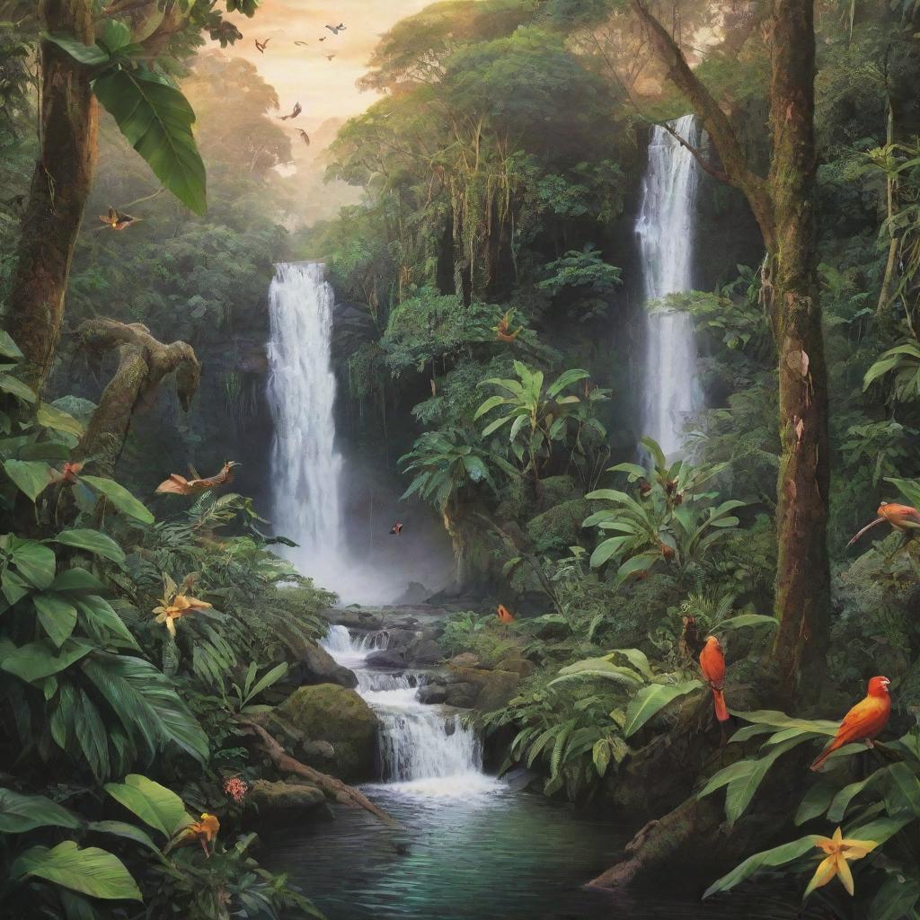 Create a vivid and detailed image of a peaceful rainforest with a waterfall at sunset where colorful birds are singing and monkeys are playing amidst the lush foliage.