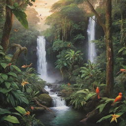 Create a vivid and detailed image of a peaceful rainforest with a waterfall at sunset where colorful birds are singing and monkeys are playing amidst the lush foliage.