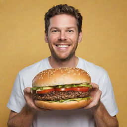 A man boldly holding an enormous smash burger against a sunny, vibrant yellow background.