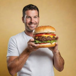 A man boldly holding an enormous smash burger against a sunny, vibrant yellow background.