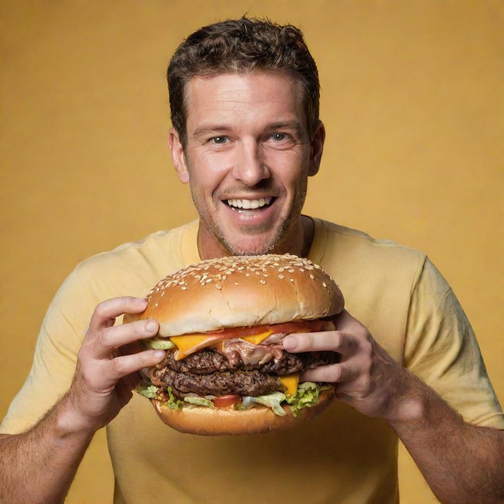 A man boldly holding an enormous smash burger against a sunny, vibrant yellow background.