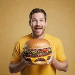 A man boldly holding an enormous smash burger against a sunny, vibrant yellow background.