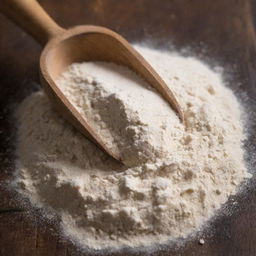 A close-up view of organic, finely milled flour on a rustic wooden surface, with a rustic scoop slightly submerged in the flour pile.