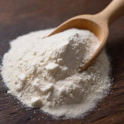 A close-up view of organic, finely milled flour on a rustic wooden surface, with a rustic scoop slightly submerged in the flour pile.