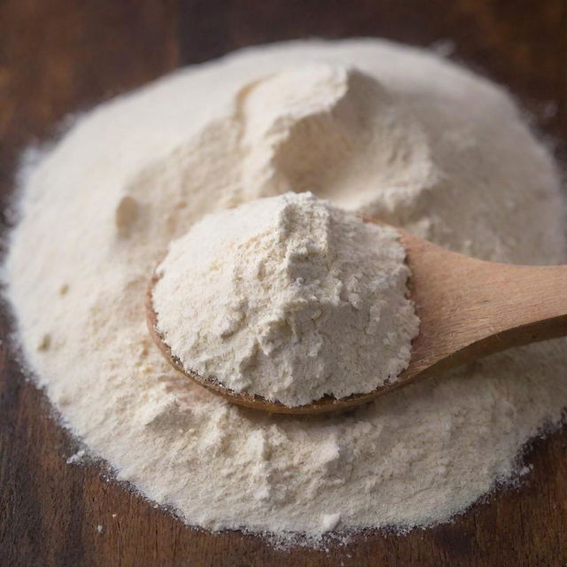 A close-up view of organic, finely milled flour on a rustic wooden surface, with a rustic scoop slightly submerged in the flour pile.