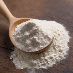 A close-up view of organic, finely milled flour on a rustic wooden surface, with a rustic scoop slightly submerged in the flour pile.