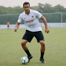 Salman Khan dressed in a professional footballer outfit, actively playing soccer on a vivid, grassy field with a dynamic pose.