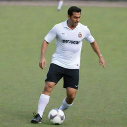 Salman Khan dressed in a professional footballer outfit, actively playing soccer on a vivid, grassy field with a dynamic pose.