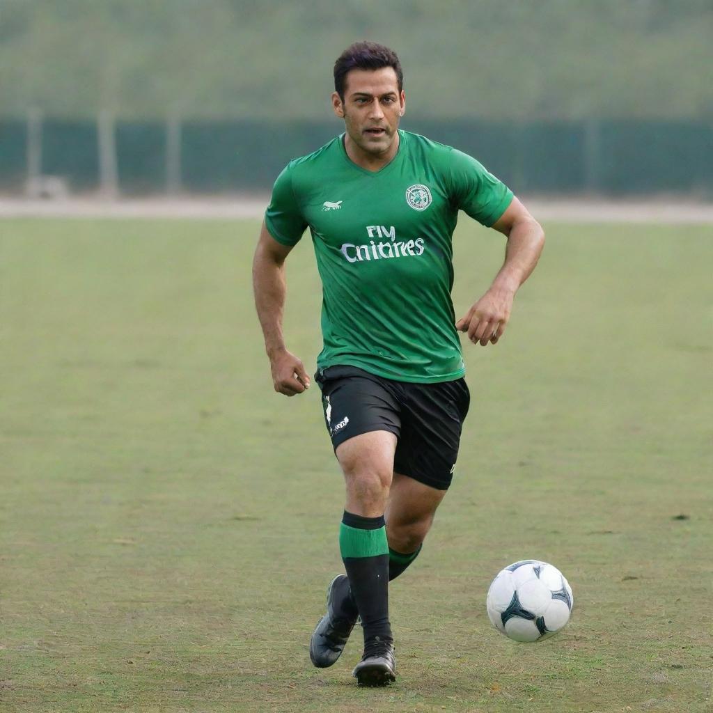 Salman Khan dressed in a professional footballer outfit, actively playing soccer on a vivid, grassy field with a dynamic pose.