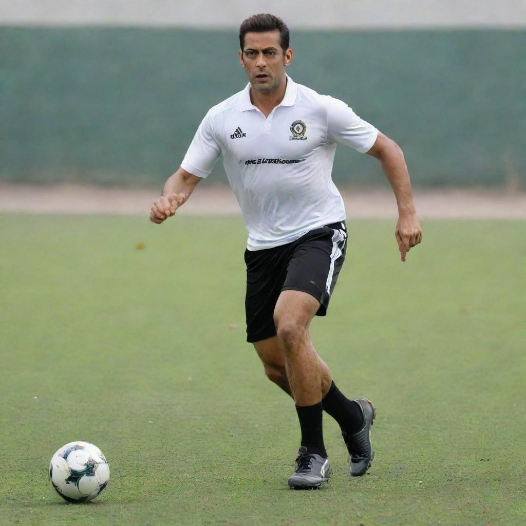 Salman Khan dressed in a professional footballer outfit, actively playing soccer on a vivid, grassy field with a dynamic pose.