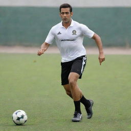 Salman Khan dressed in a professional footballer outfit, actively playing soccer on a vivid, grassy field with a dynamic pose.