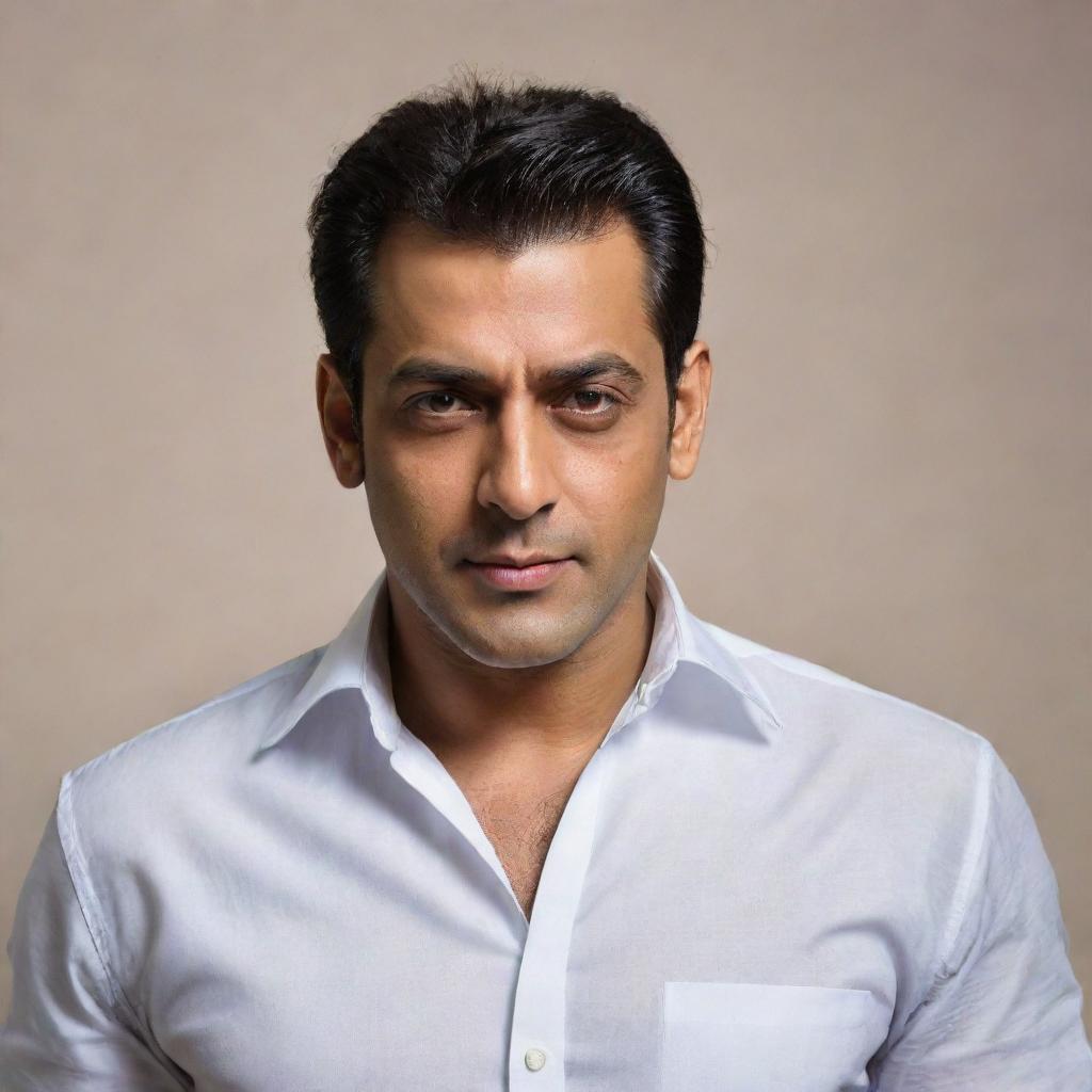 A realistic portrait of Salman Khan, the famous Indian actor, depicted in humble clothing as if he is a man of modest means