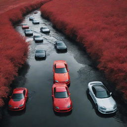 A surreal landscape where a glossy river composed entirely of intertwined, flowing Toyota Supra cars dominates the scene