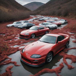 A surreal landscape where a glossy river composed entirely of intertwined, flowing Toyota Supra cars dominates the scene