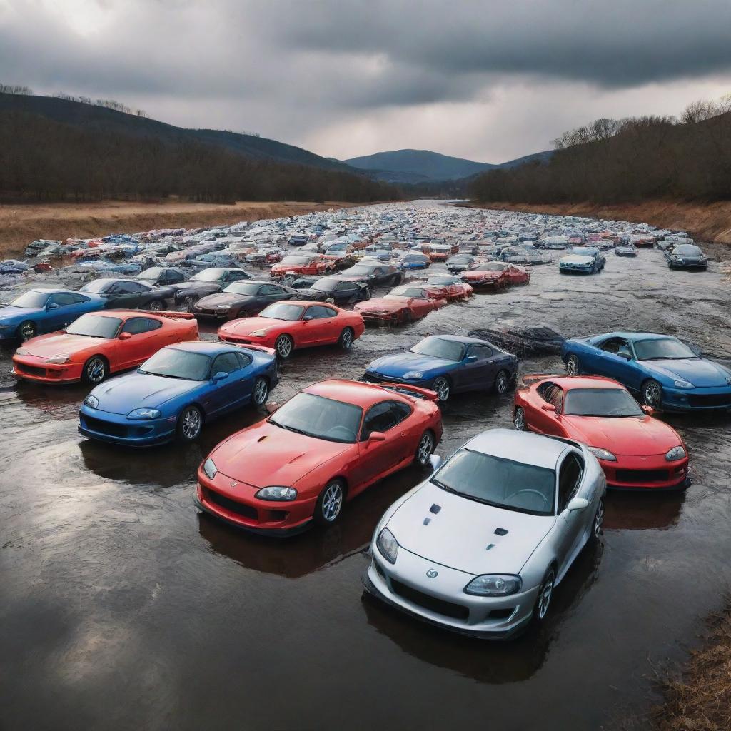 A surreal landscape where a glossy river composed entirely of intertwined, flowing Toyota Supra cars dominates the scene