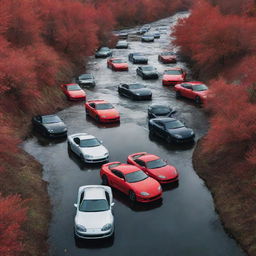 A surreal landscape where a glossy river composed entirely of intertwined, flowing Toyota Supra cars dominates the scene