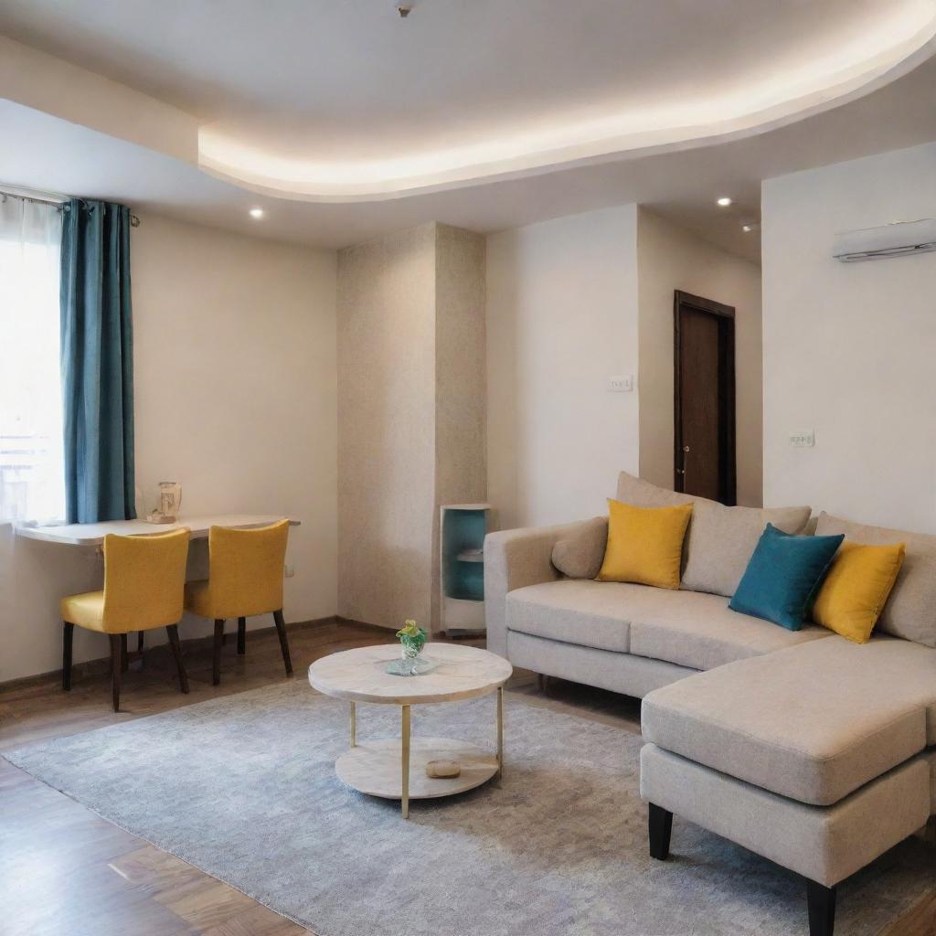 A self-contained apartment unit with four comfortable rooms and a parlour. Each room styled uniquely with modern furniture, soothing color palettes, and well-lit. The parlour is spacious, elegantly decorated with comfortable seating options.