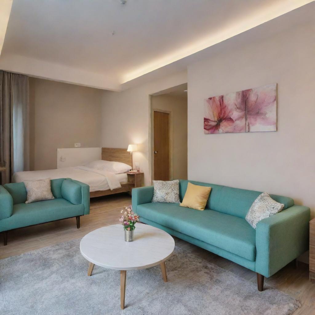 A self-contained apartment unit with four comfortable rooms and a parlour. Each room styled uniquely with modern furniture, soothing color palettes, and well-lit. The parlour is spacious, elegantly decorated with comfortable seating options.