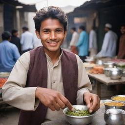 A young Pakistani tea seller, with an endearing smile, serving tea in traditional attire in the backdrop of a bustling bazaar