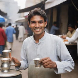 A young Pakistani tea seller, with an endearing smile, serving tea in traditional attire in the backdrop of a bustling bazaar