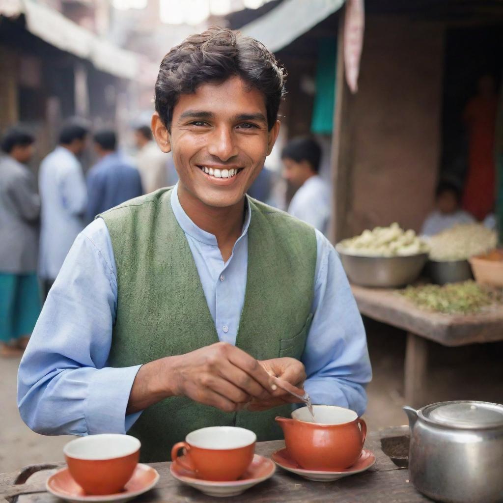 A young Pakistani tea seller, with an endearing smile, serving tea in traditional attire in the backdrop of a bustling bazaar