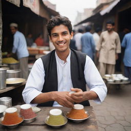 A young Pakistani tea seller, with an endearing smile, serving tea in traditional attire in the backdrop of a bustling bazaar