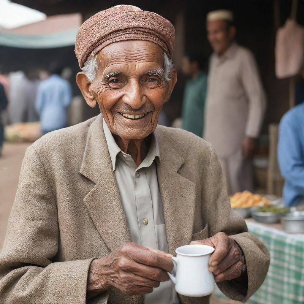 An endearing 87-year-old Pakistani tea seller with a warm smile, dispensing tea in traditional attire in the backdrop of an active market place